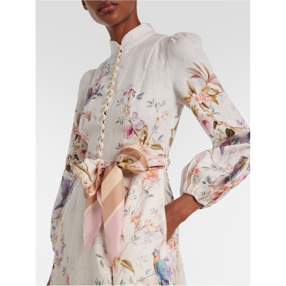 Zimmermann Rebellion‎ Button Midi Dress Cream Aviary Linen Silk Belted Size US 4
